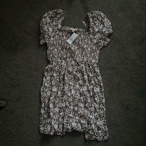 Pacsun Brown and White Floral Babydoll Dress